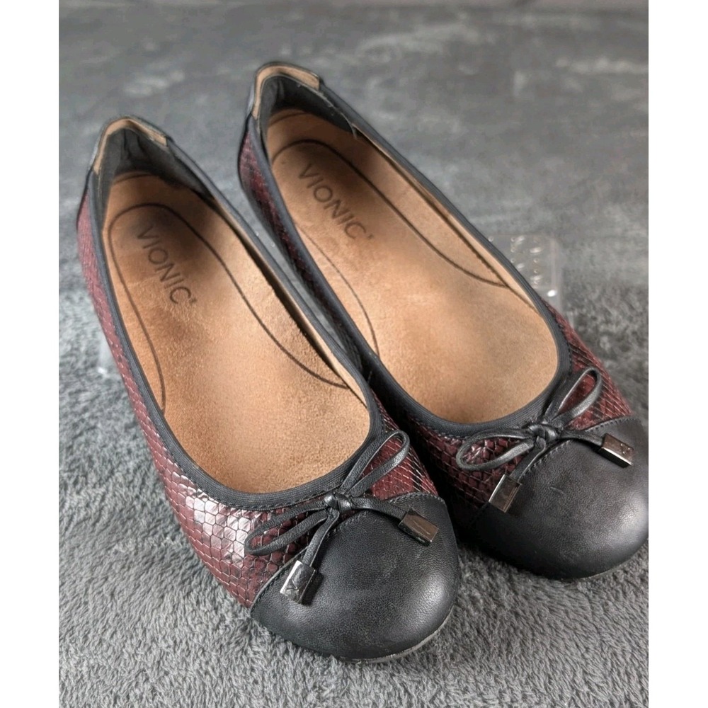 Vionic Minna Boa Ballet Flats Women 6 Wide Snake Print Leather Cap Toe Bow Shoes